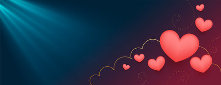 floating hearts with light rays valentines day bannerのイラスト素材