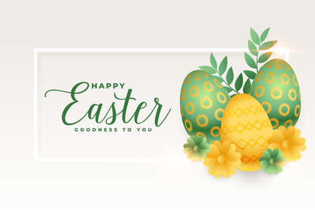 happy easter realistic card with eggs and leaves