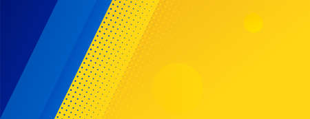 yellow banner with blue lines shapes and halftone