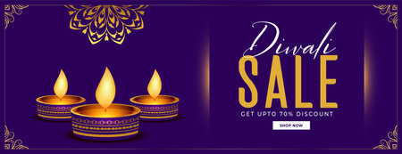 premium happy diwali sale banner with golden diya in purple backgroundのイラスト素材
