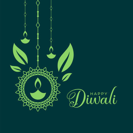 happy diwali festival green background with lantern designのイラスト素材
