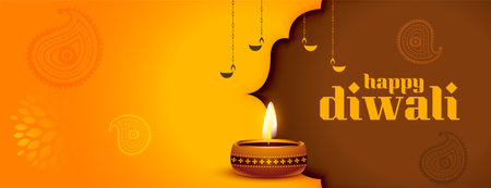 happy diwali occasion banner with text space and diya vector designのイラスト素材