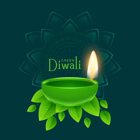 green Diya lamp for eco diwali greeting backgroundのイラスト素材
