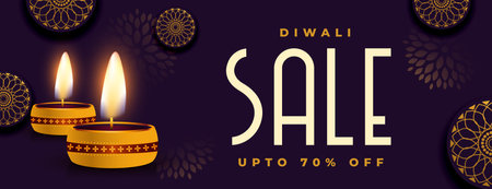 realistic happy diwali sale banner with glowing diya vector designのイラスト素材