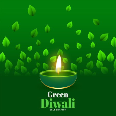happy green diwali decorative background with bright diya and leaves designのイラスト素材