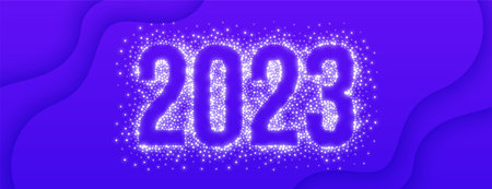 happy new year 2023 purple banner with silver sparkle effect vector