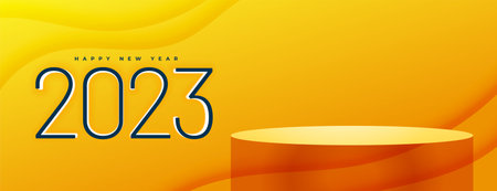 happy new eve 2023 yellow banner with 3d podium platform vector