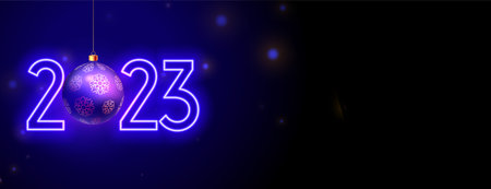 2023 new year purple banner in neon style with christmas ball vector