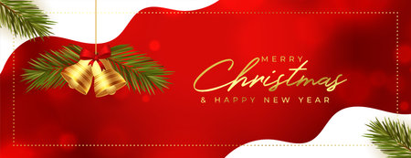 stylish merry christmas invitation banner with green fir and bell vectorのイラスト素材