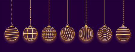 pack of golden bauble in line style for christmas designのイラスト素材