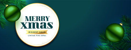 merry christmas biggest sale banner with green ball and fir vectorのイラスト素材