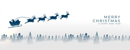 merry christmas wishes banner with santa flying on reindeer sleigh vectorのイラスト素材
