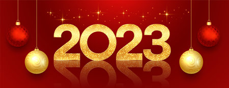 shiny 2023 new year celebration banner with 3d bauble vector
