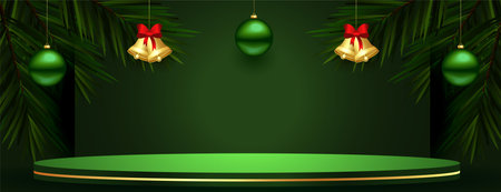 3d podium green banner with xmas bell and ball in hanging style vectorのイラスト素材