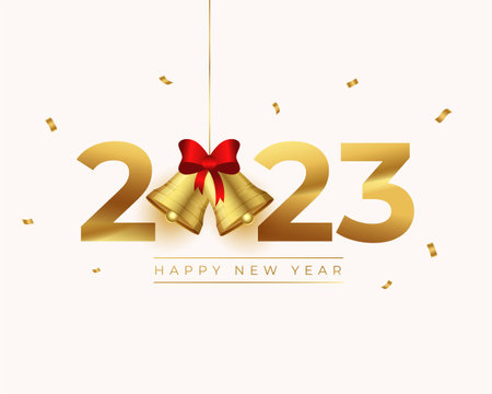 2023 happy new year greeting background with golden confetti and jingle design