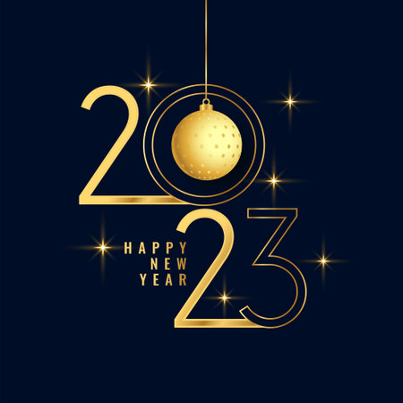 happy new year eve banner with golden 2023 text and bauble design