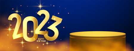 2023 new year banner with 3d podium and smoke effect vector