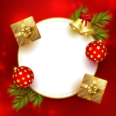 realistic christmas elements design with image space on red backgroundのイラスト素材