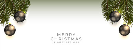 realistic merry christmas occasion banner with fir branches and bauble vectorのイラスト素材