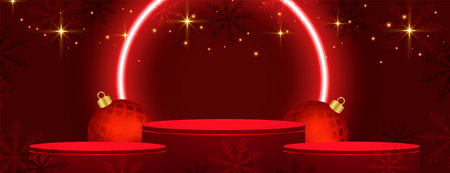 neon style merry christmas red banner with 3d podium and bauble vectorのイラスト素材