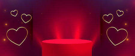 3d podium platform for product display with golden floating hearts vectorのイラスト素材