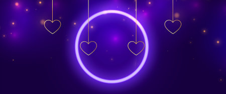 glowing neon frame with hanging golden hearts and text space vectorのイラスト素材