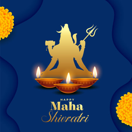 maha shivratri greeting card with marigold flower and diya vectorのイラスト素材