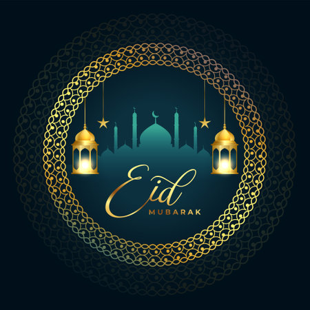 premium eid mubarak religious card with mosque and lantern vectorのイラスト素材