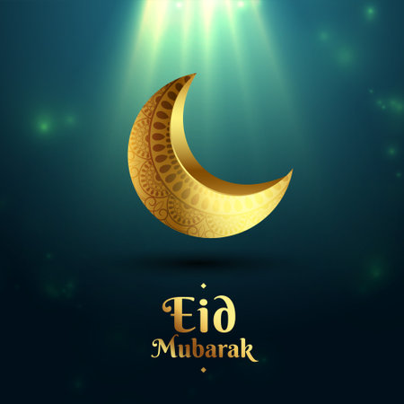 islamic eid mubarak glowing background with 3d golden moon vectorのイラスト素材