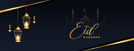 eid mubarak black and golden banner with realistic lamp vectorのイラスト素材