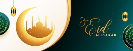 golden moon and mosque on islamic festival eid mubarak banner vectorのイラスト素材