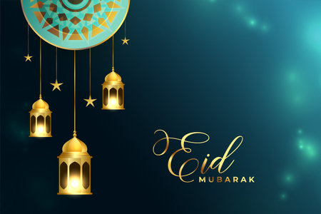 shiny eid mubarak invitation card with hanging lantern vectorのイラスト素材