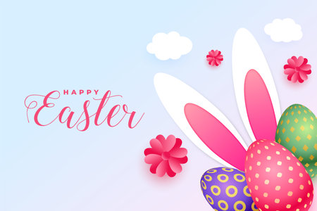 hiding bunny behind realistic easter eggs background with flower vectorのイラスト素材
