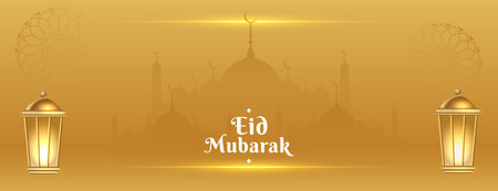 traditional eid mubarak greeting banner with light effect lamp vectorのイラスト素材