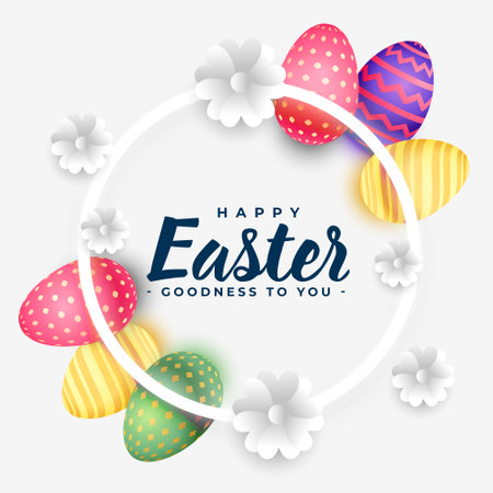 stylish happy easter holiday card with 3d colorful eggs and flowers vectorのイラスト素材
