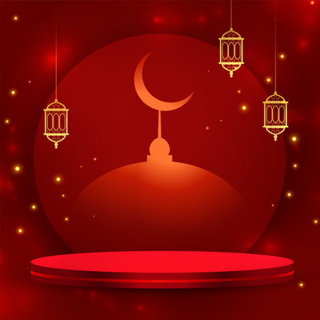 3d podium platform celebrate eid al-adha red background with lamp vectorのイラスト素材