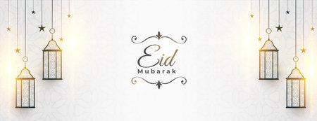 add a touch of islamic culture in eid mubarak banner with lantern vectorのイラスト素材