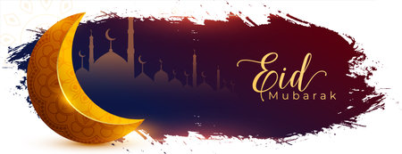 brush stroke style eid mubarak event banner with 3d golden moon vectorのイラスト素材