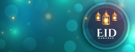 bokeh style eid ul fitr holiday poster with glowing lamp vectorのイラスト素材