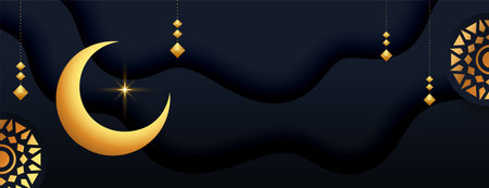 beautiful eid ul fitr dark banner with golden islamic crescent vectorのイラスト素材