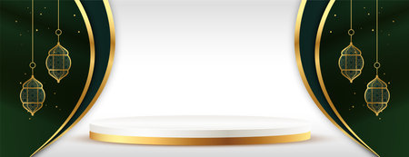 3d style golden podium platform poster with lantern decoration vectorのイラスト素材