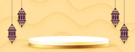 beautiful 3d podium platform wallpaper with hanging lantern vectorのイラスト素材