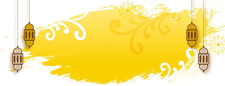 brush stroke style yellow banner with text space and hanging lantern vectorのイラスト素材