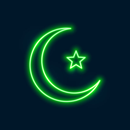 glowing green neon crescent symbol background for islamic festival vectorのイラスト素材