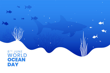 eco friendly world ocean day poster with blue seascape and aquatic life vectorのイラスト素材