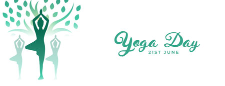 21st june world yoga day banner with artistic tree and exercise posture vectorのイラスト素材
