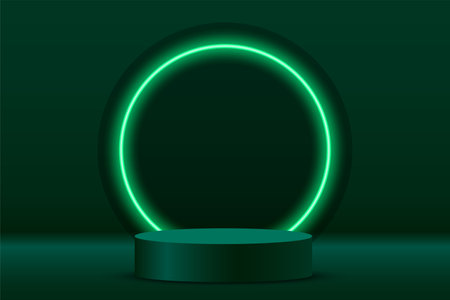 glowing neon round frame with 3d pedestal stage background for object promotion vectorのイラスト素材
