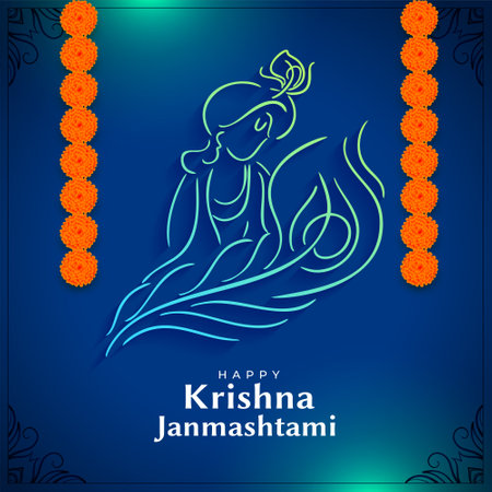 blue krishna janmashtami greeting card design in line style vectorのイラスト素材