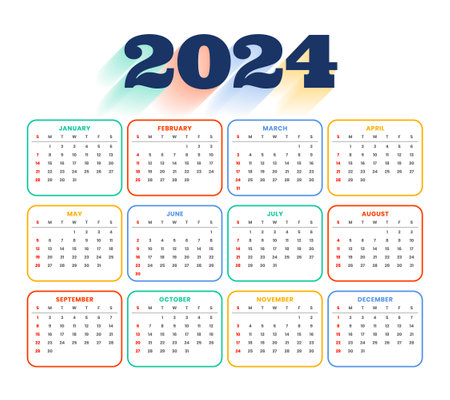 colorful 2024 english calendar template plan and organize events vectorのイラスト素材