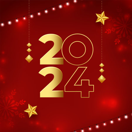 line style golden 2024 lettering snowflake background with light garland vectorのイラスト素材